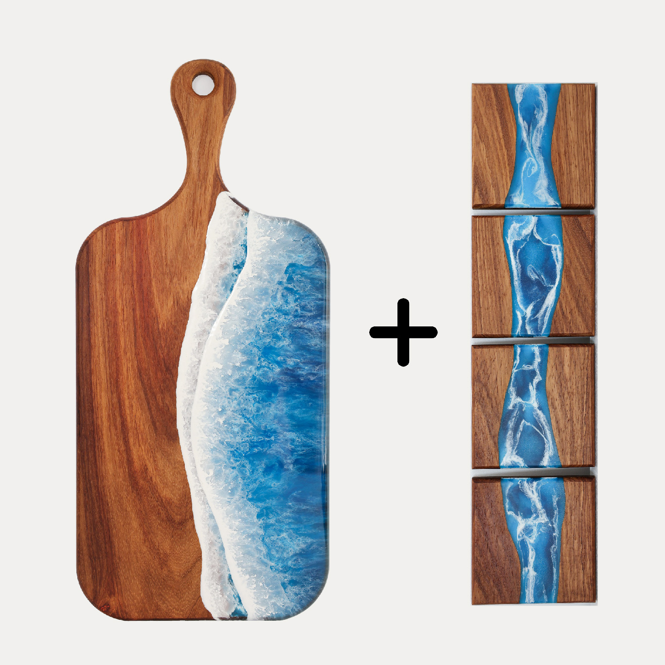 Entertainer's serving set featuring a large paddle serving board and Tidal ocean resin coaster set styled for hosting