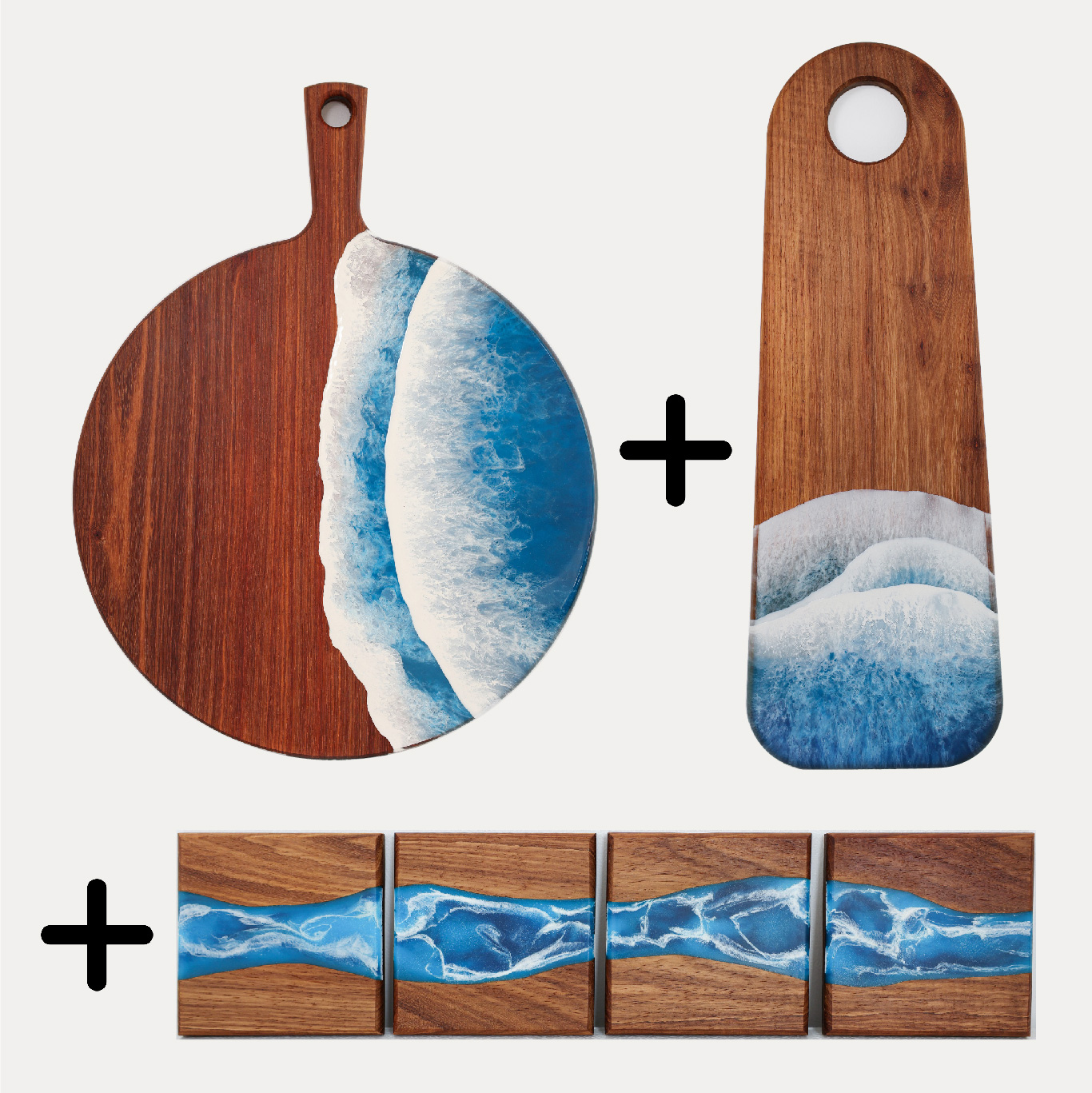 Signature hosting set featuring a round paddle serving board, long bread board, and Tidal ocean resin coaster set styled for entertaining