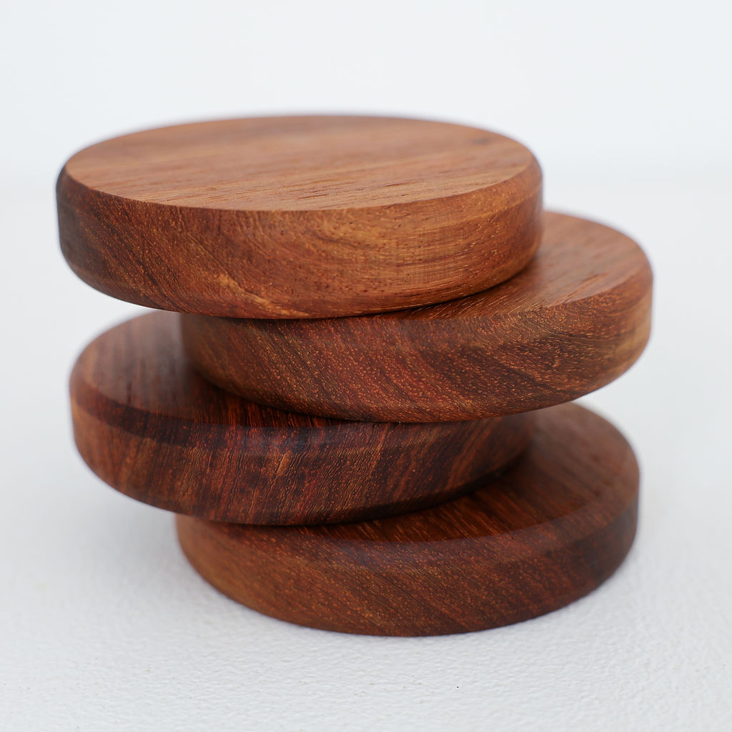 Side view of handcrafted Grain chunky coaster set made from kiaat wood