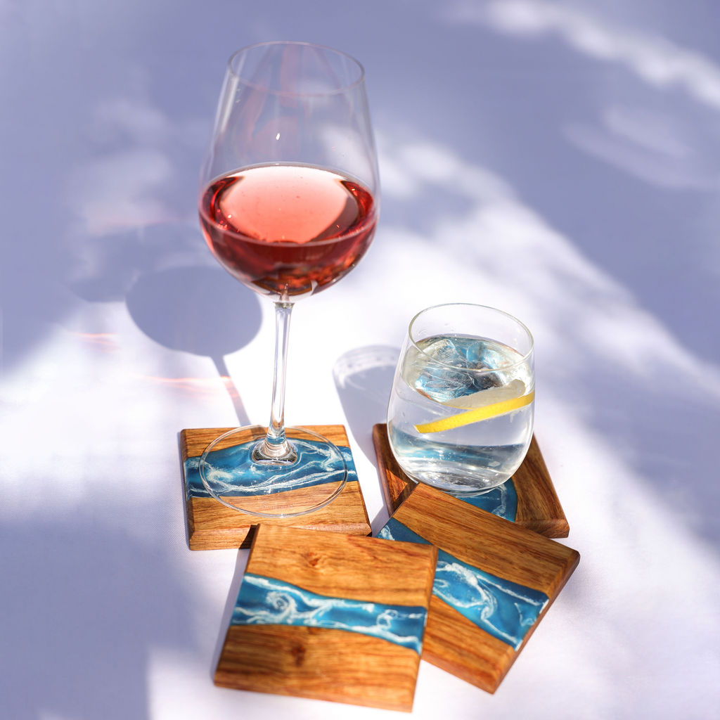 Handcrafted Tidal coaster set with inlaid ocean resin design styled for everyday use
