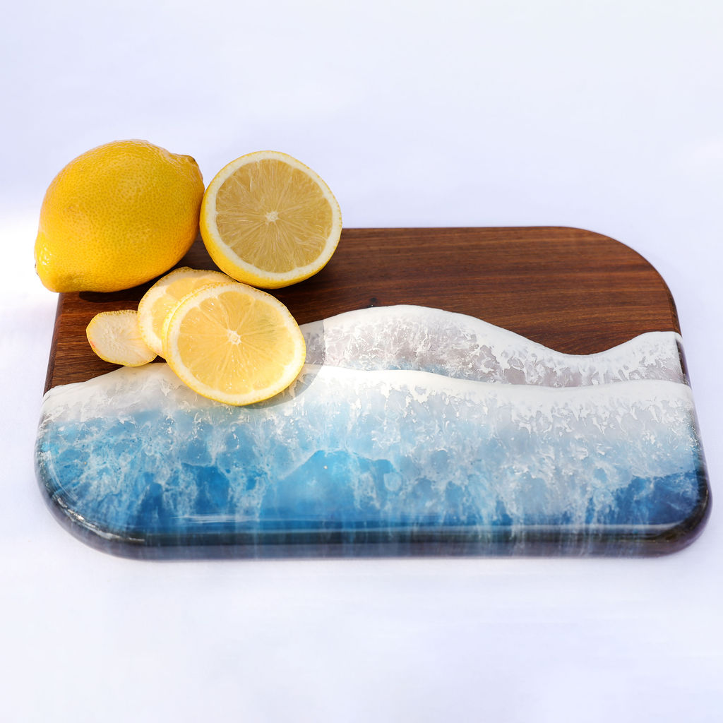 Handcrafted medium rectangle serving board with ocean resin wave design